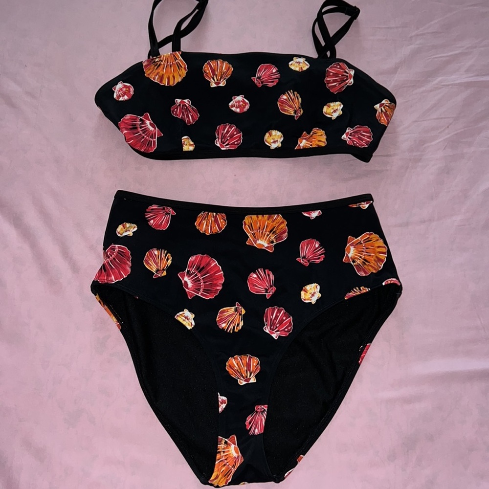 Starfish clam black seashell bikini two piece high waisted swimsuit